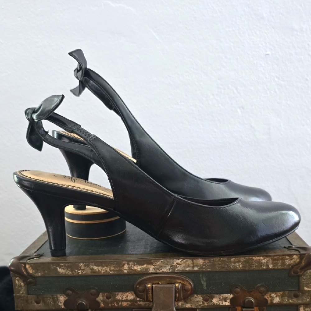 Parisian Black Bow Sling back Round Toe Vegan Leather Low Kitten Heel
